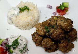 Gluten-Free Greek Turkey Meatballs with cauliflower rice and tzatziki sauce