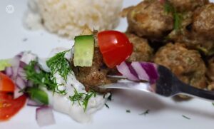 Gluten-Free Greek Turkey Meatball on a fork