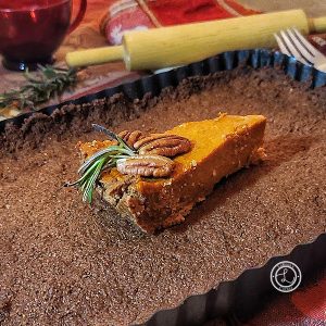 A picture of Sweet Potato Pie sitting on a Gingersnap Pie Crust.