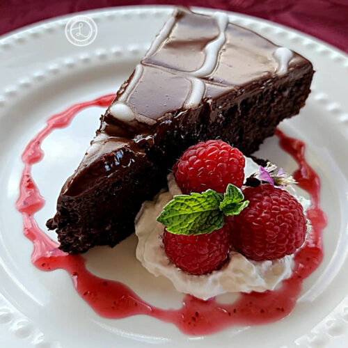 Gluten-Free Brownie Cake Recipe a ganache topping and chevrons