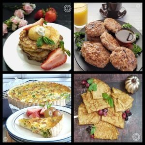 In Square frame. Top Left to Right: Gluten-Free Christmas Breakfast Poppyseed Pancakes with Lemon Curd Syrup. Pumpkin Crepes. Bottom Left to Right: Maple Turkey Breakfast Sausage, Asparagus & Bacon Quiche