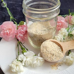 A pint canning jar with Garlicky Onion Seasoning and a wooden spoon with some on it.. Carnations in the background.