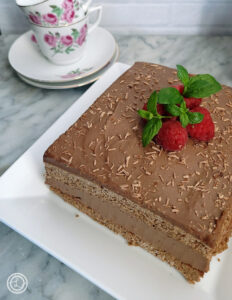 Gluten-Free Hungarian Torte pictured is the cake at an angle. Tasty cake