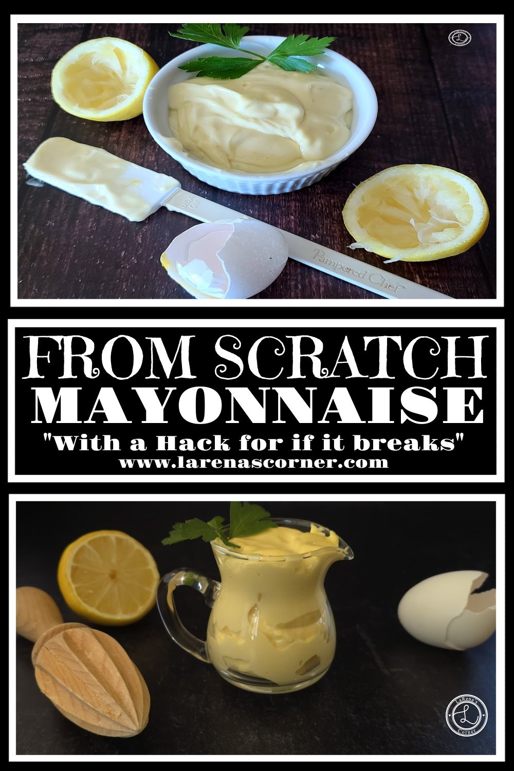 Homemade Mayonnaise. Top: Two halves of a juiced lemon, spatula, and egg shell. Bottom: A wooden juicer, behind it is a lemon half, a small pitcher of mayonnaise, and an egg shell.