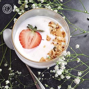 Homemade Coconut Milk Yogurt with a strawberry and gluten-free granola