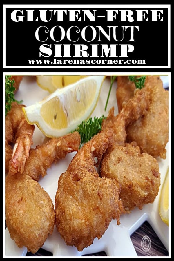 Gluten-Free Coconut Shrimp. Top: a close up of shrimp on a platter with lemon wedges and parsley sprigs. 