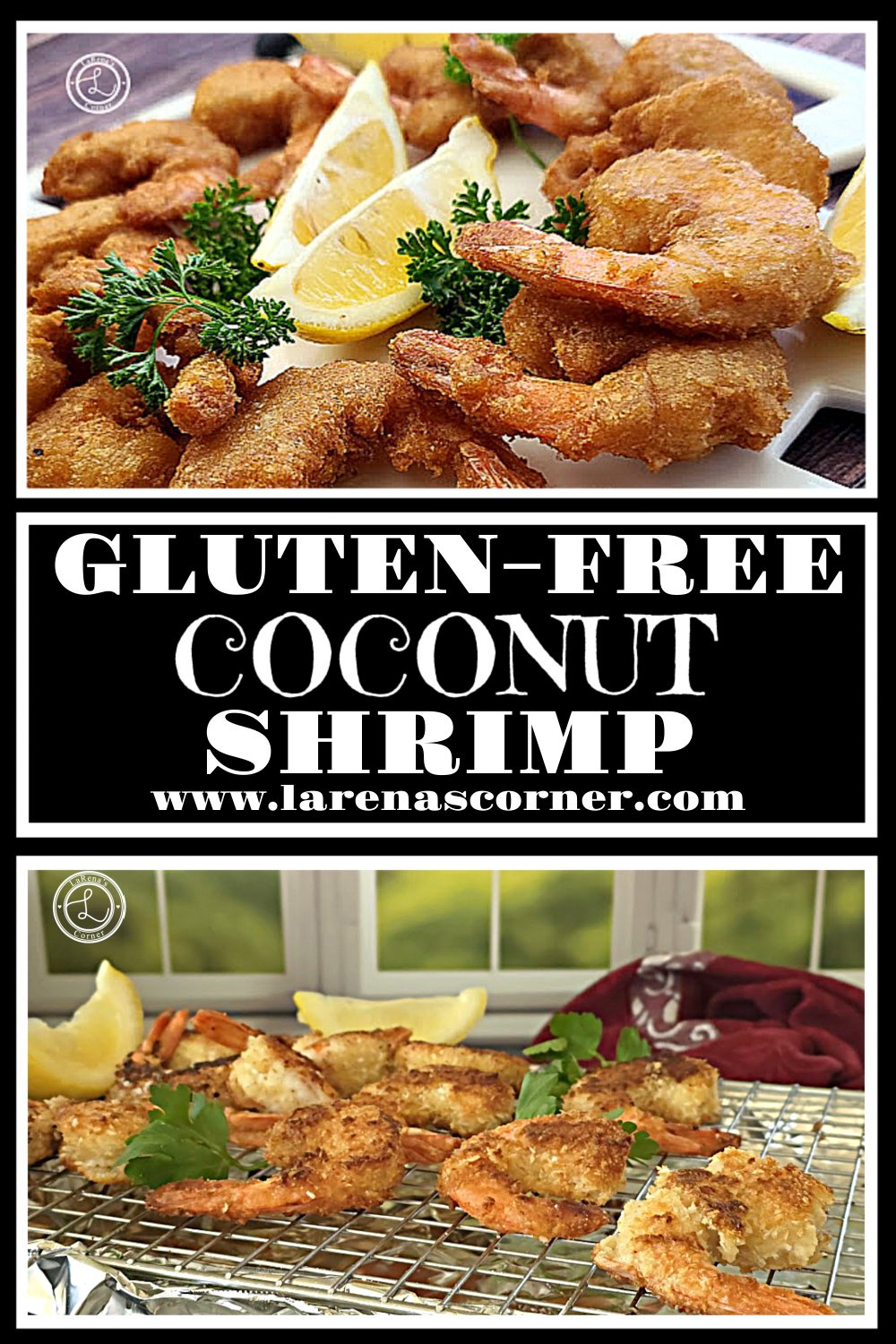 Gluten-Free Coconut Shrimp. Top: A platter of shrimp with parsley and lemon wedges. Bottom: Shrimp on a cooling rack with lemon wedges and parsley sprigs. 