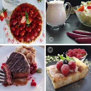 Top: Left to Right, Strawberry Pie, Rosemary Red Onion Dressing. Bottom: Elk Steak, Blintz Casserole