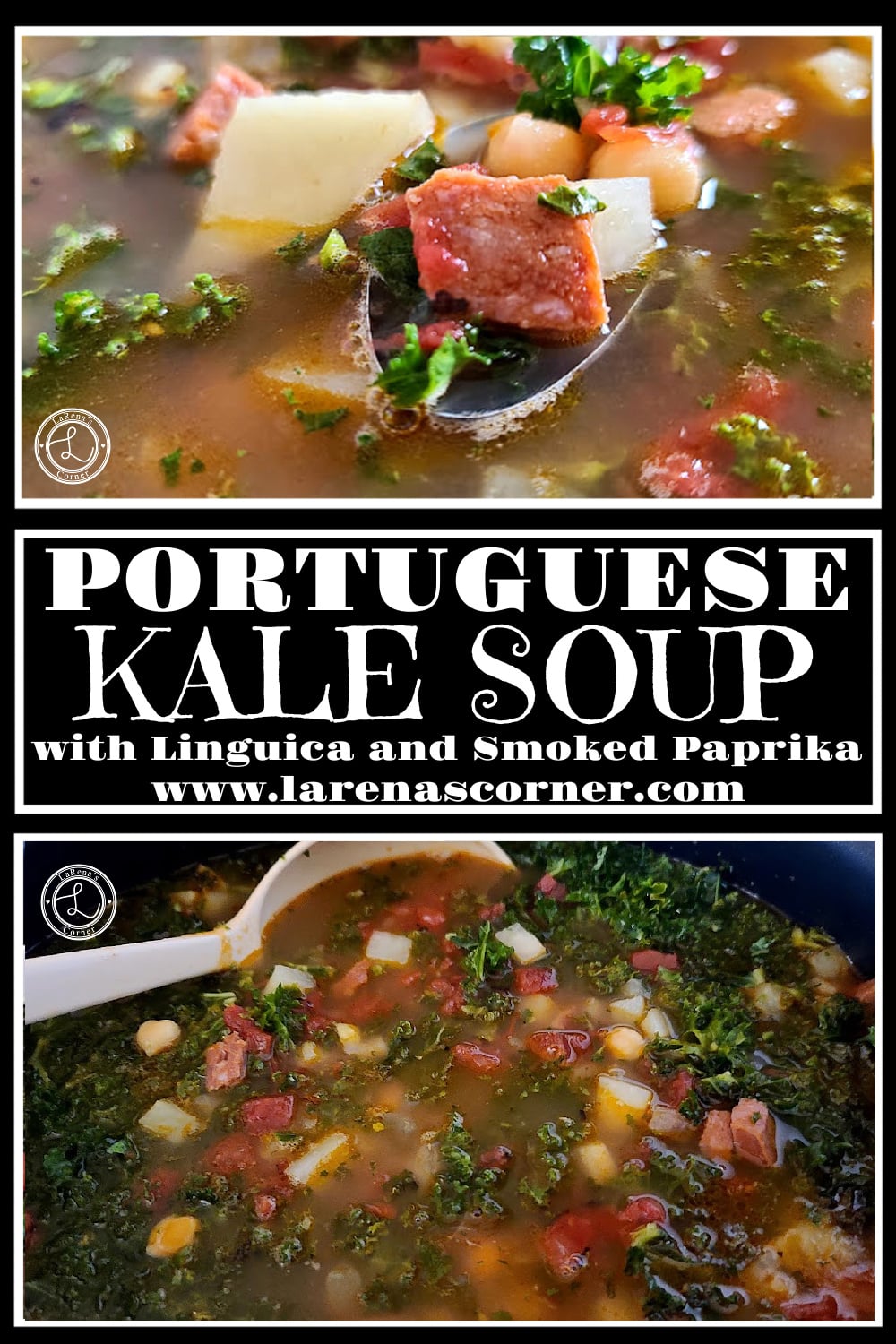 Portuguese Kale Soup Recipe Portuguese Kale Soup. Top: A close up bite on a poon. Bottom: A large spoon inside a pot of soup.