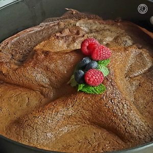 Gluten-Free Chocolate Dutch Pancake in a oven proof pan.