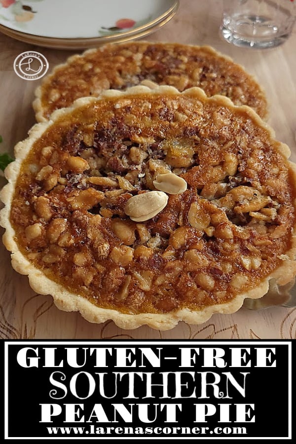 Gluten-Free Southern Peanut Pie Recipe One Gluten-Free Peanut Pie on top of another with plates and a glass in the background.