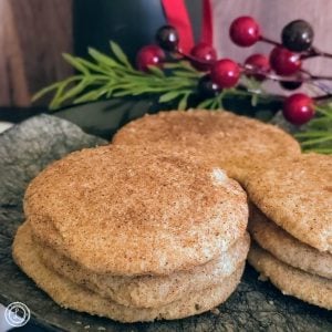 A square picture of stacks of cookies on a dark plate in front of a black vase. With some greenery and red berries.
