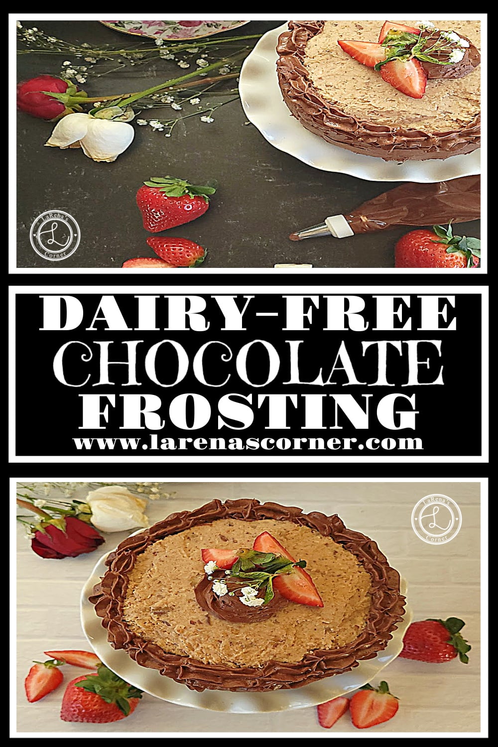 Dairy-Free Chocolate Frosting Recipe Dairy-Free Chocolate Frosting. Top: on a German Chocolate cake in the corner with frosting in a bag under the cake stand. Flowers to the side. Bottom: the top of a German Chocolate cake with chocolate frosting. Strawberry on the counter surronding the cake.