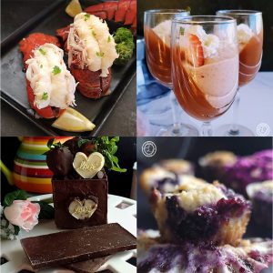 Top: Lobster, Jello Strawberry Pudding, Homemade Chocolate Box, Blueberry muffins.