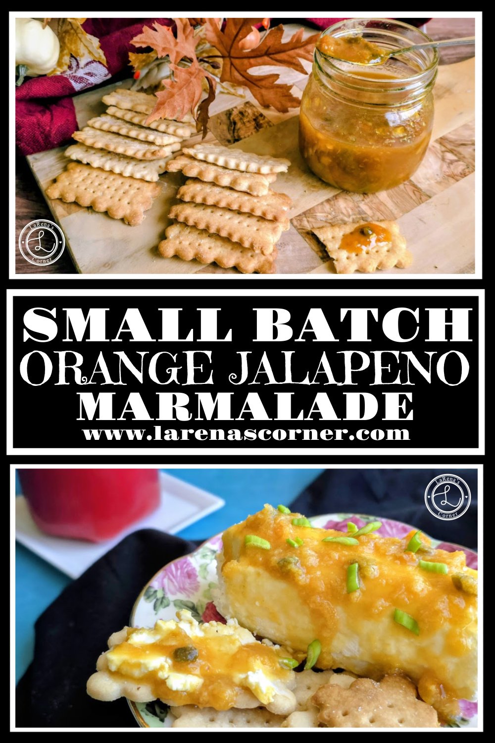 Small Batch Orange Jalapeno Marmalade Recipe Small Batch Orange Jalapeno Marmalade Recipe. Top: A jar of marmalade with crackers. One cracker with some jam. Bottom: Some marmalade on top of cream cheese. Making it an appetizer.