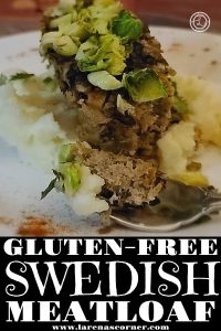 Swedish American Meatloaf on top of mashed potaoes with chopped cooked brussle sprout blend on top.
