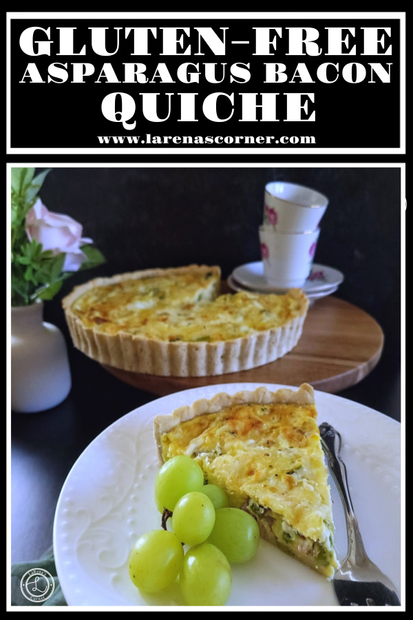 Gluten-Free Asparagus Bacon Quiche on a plate in front of the whole quiche with coffee cups and sauces behind it. 