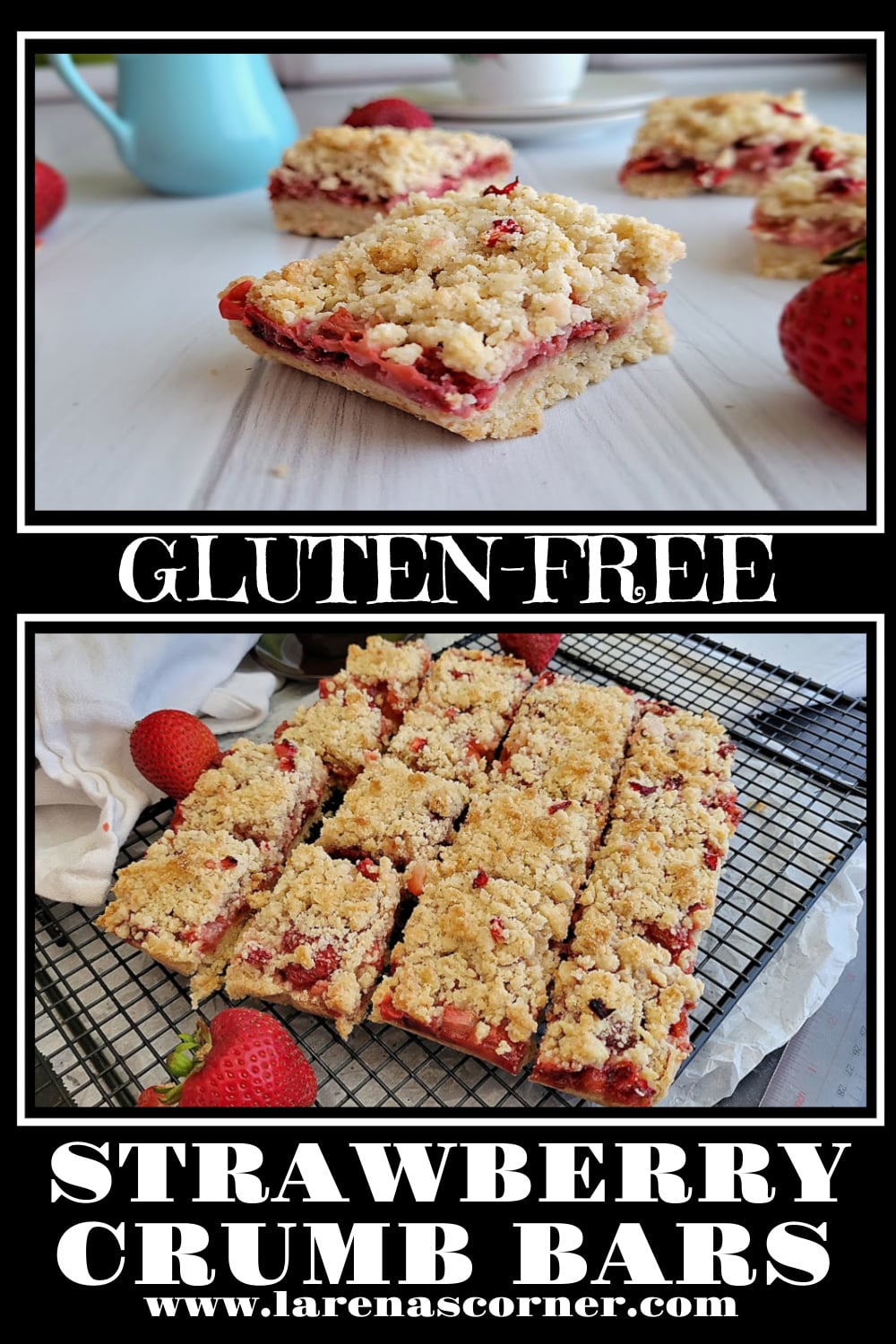 Gluten-Free Strawberry Bars Recipe Gluten-Free Strawberry Bars. Top. A close up of one bar with more in the backgound. Bottom: the bars cut and cooling on a cooling rack.