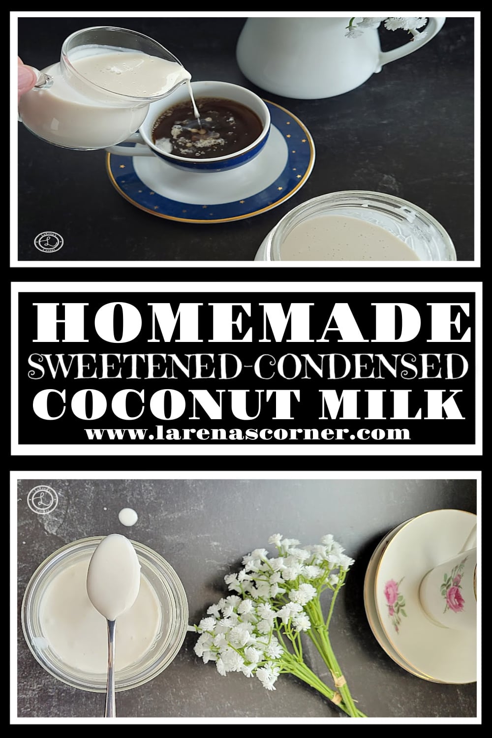 Homemade Sweetened Condensed Coconut Milk Recipe Homemade Sweetened Condensed Coconut Milk Top: pouring some in a cup of coffee. Bottom: some on a spoon over a container of it, with flowers, cups and saucers to the side.