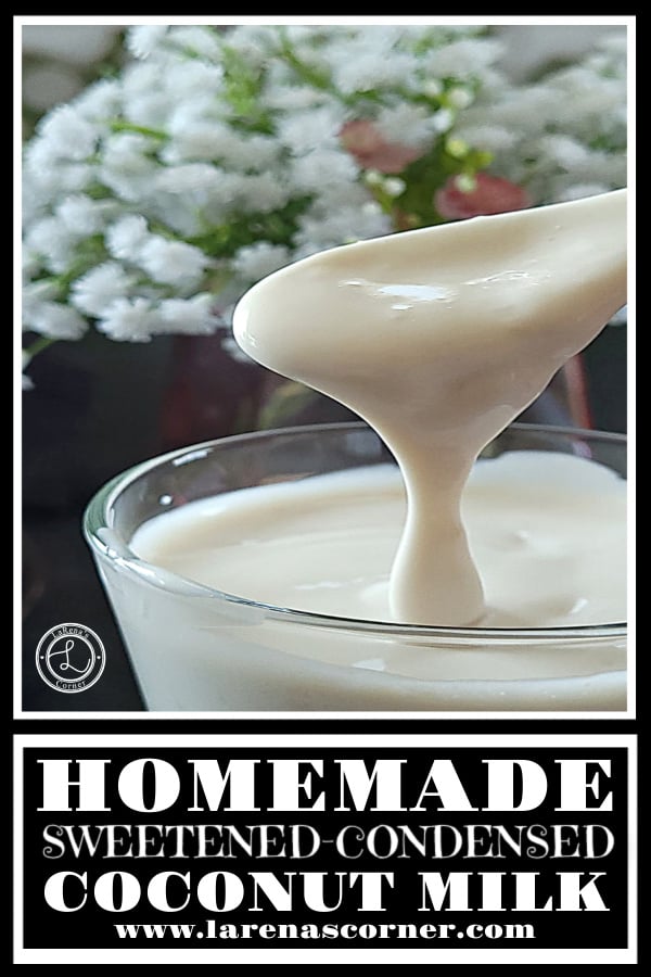 Homemade Sweetened Condensed Coconut Milk Recipe Homemade Sweetened Condensed Coconut Milk in a container with a spoon pouring it out. It shows the thickness of the milk.