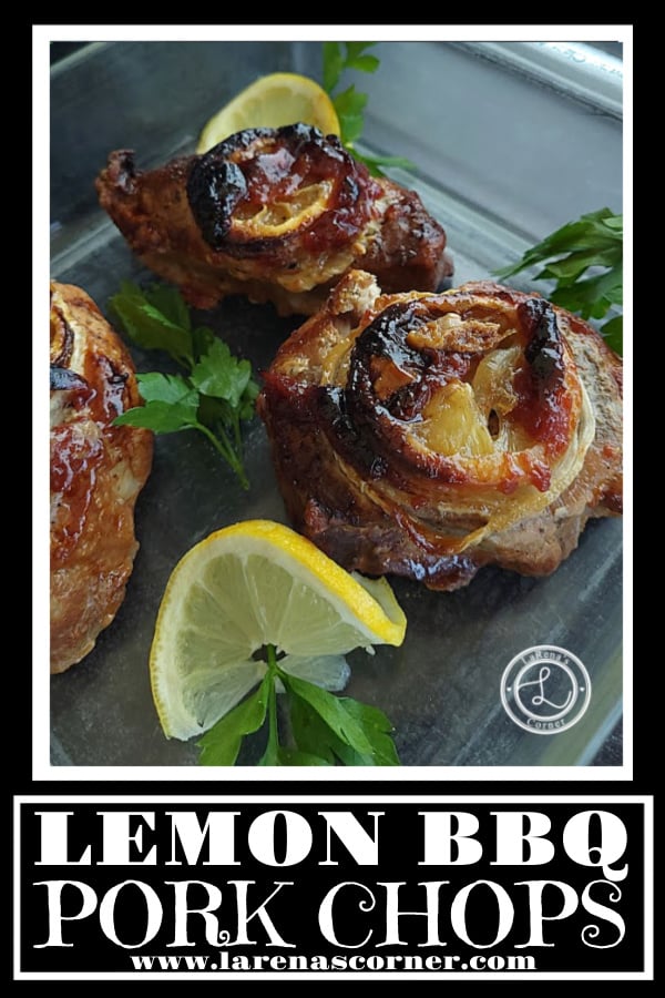 Lemon BBQ Pork Chops Recipe Lemon BBQ Pork Chops three chops inside a glass casserole dish. Topped with onion, lemon, maple sugar, and bbq sauce.