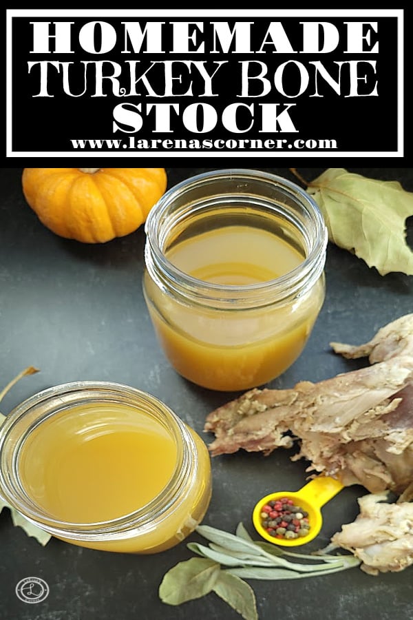 Homemade Turkey Bone Stock. Two jars with some turkey bone and mixed peppercorns and sage leaf. 