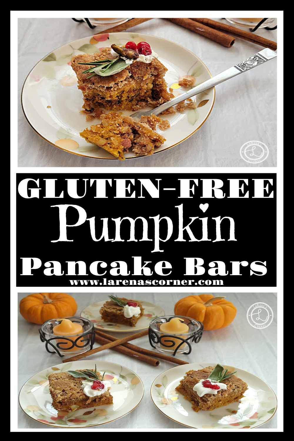 Gluten-Free Pumpkin Pancake Bars Recipe Gluten-Free Pumpkin Pancake Bars Top: a piece on a plate topped with coconut whipped cream. Bottom: Three slices of bars with mini pumpkins and candles.