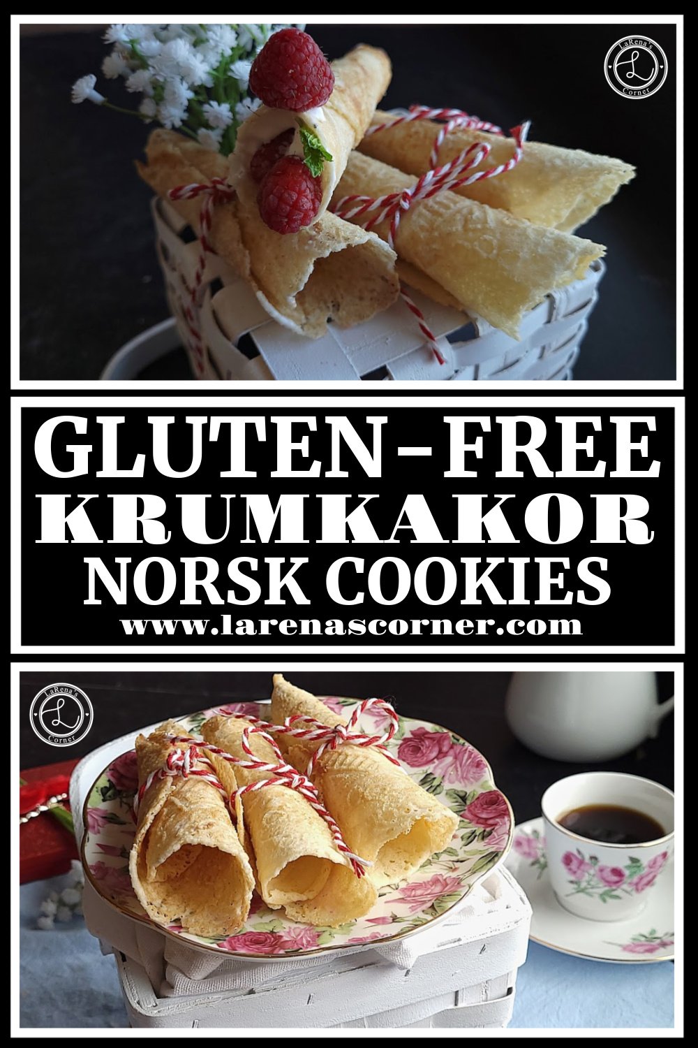 Gluten-Free Krumkakor Norsk Cookies. Top: three cookies on top of an upside down basket. With some berries on top. Bottom: a plate of three cookies with a cup of espresso and a vase in the background. 
