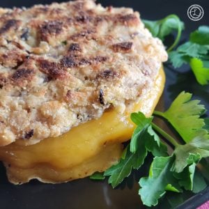 Gluten-Free Grilled Cheese Sandwich in a close up square photo in between two slices of bacon-n-cheddar bread and a sprig of parsley.