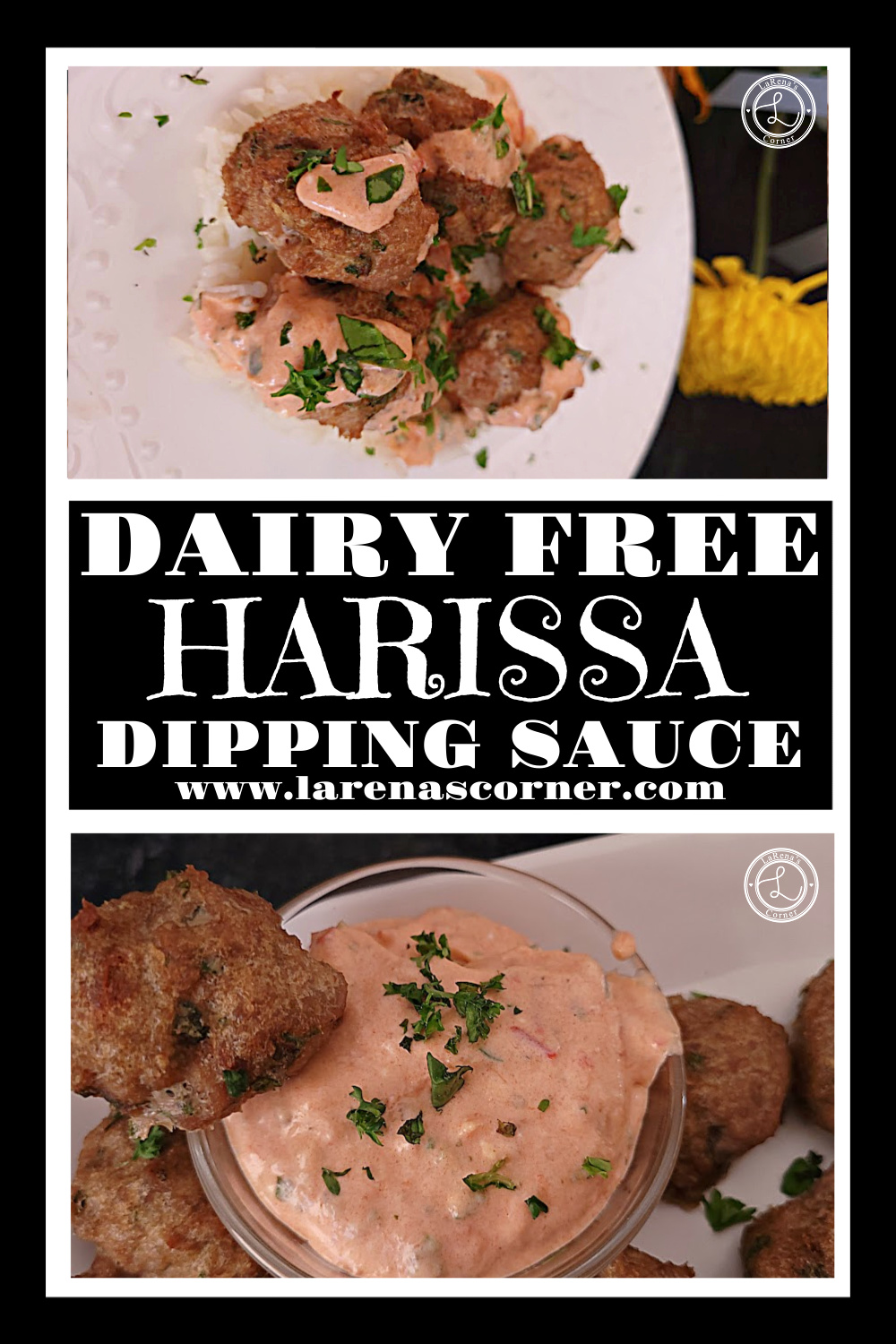 Dairy-Free Harissa Dipping Sauce Recipe Dairy-Free Harissa Dipping Sauce. Top: Plater of Kefta with dipping sauce on top of them and some on the rice. Bottom: A bowl of sauuce with a meatball being dipped into it.