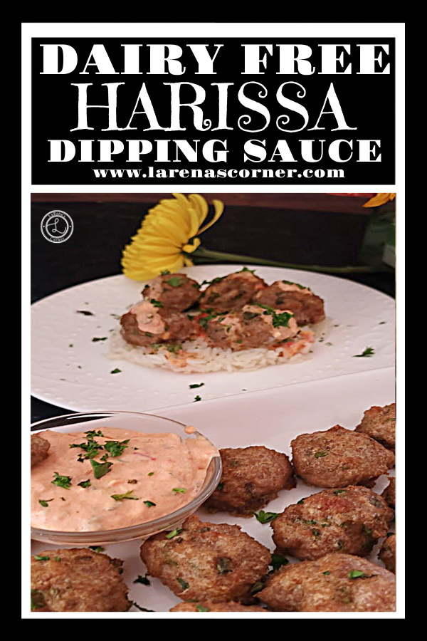 Dairy-Free Harissa Dipping Sauce Recipe Dairy-Free Harissa Dipping Sauce in a bowl along side a platter of Kefta. A plate full of Kefta and with sauce on top of them in the background.