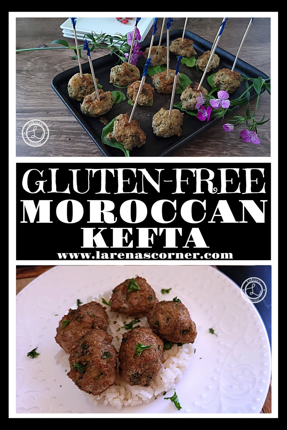 Gluten-Free Moroccan Kefta Recipe Gluten-Free Moroccan Kefta. Top: A platter of kefta with toothpicks. Bottom: a plate of kefta on top of a bed of rice topped with fresh chopped parsley.