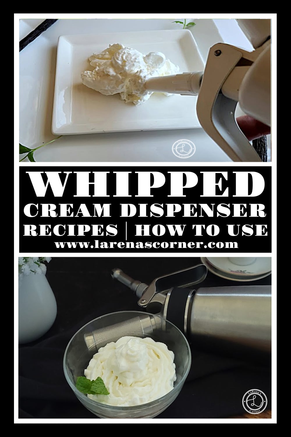 Whipped Cream Dispenser Recipes Whipped Cream Dispenser Recipes: Top: The dispenser spraying out whipped cream. Bottom: Whipped cream in a bowl with a dispenser laying down.