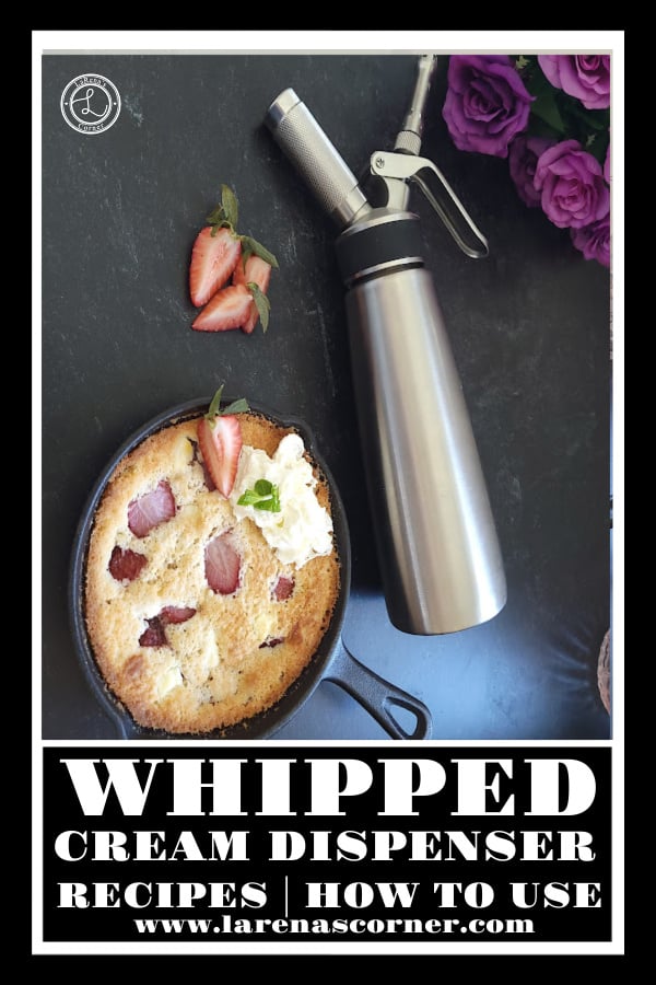 Whipped Cream Dispenser Recipe Whipped Cream Dispenser. Shown a strawberry cobbler with an Dispenser beside it and some flowers.