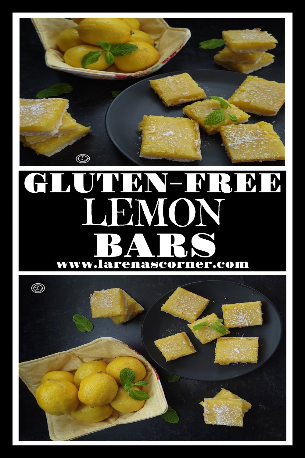 Gluten-Free Tart Lemon Bars Recipe. Top: lemon bars and lemons shown. Bottom: A top view of lemon bars with lemons.