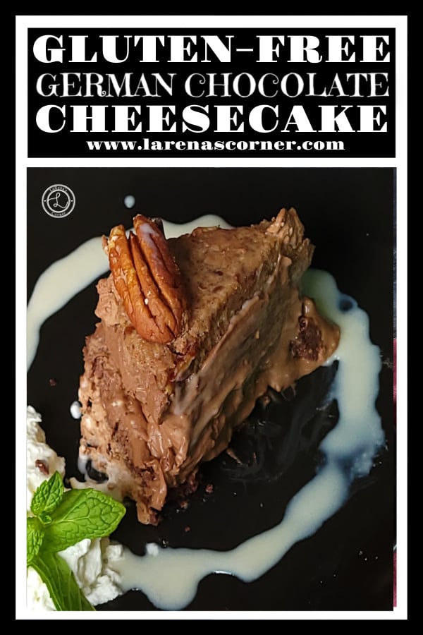 Gluten-Free German Chocolate Cheesecake piece on a plate surrounded by a ring of vanilla yogurt and a sprig of mint.