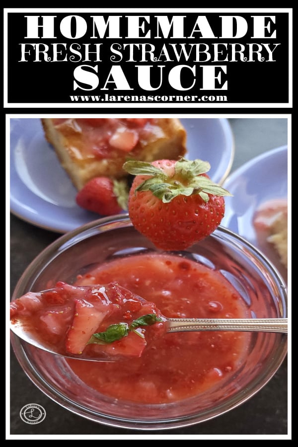 Fresh Strawberry Sauce Recipe Fresh Homemade Strawberry Sauce in a container with some on Blintz casserole in the background.