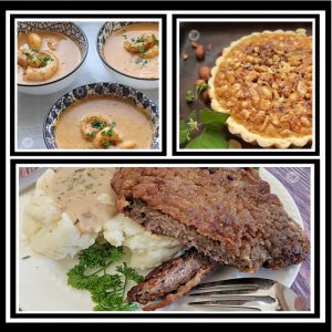 Top Left: Oyster Bar Shrimp Pan Roast. Top Right: Pecan Pie Filling. Bottom: Chicken Fried Steak