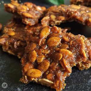 A close up photo of Pumpkin Seed Brittle.