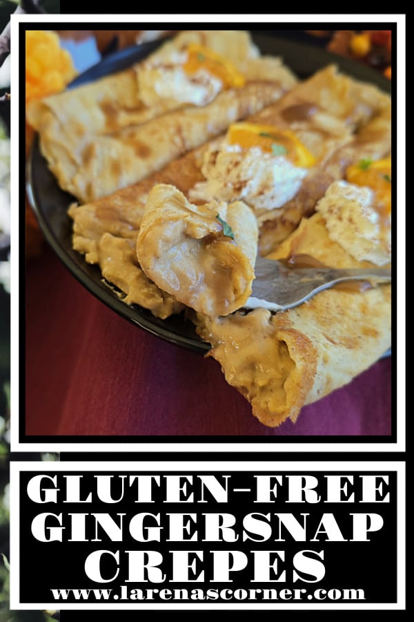 Gluten-Free Gingersnap Crepes Recipe Gluten-Free Gingersnap Crepes on a plate. Crepes are filled and there is a bite on a fork.