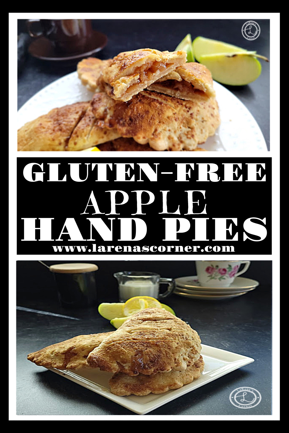 Gluten-Free Apple Hand Pies Recipe Gluten-Free Apple Hand Pies. Top: Stack of three pies with apple slices in the background. Bottom: stack of two pies, with espresso cups, saucers, sugar, and creamer in the background.