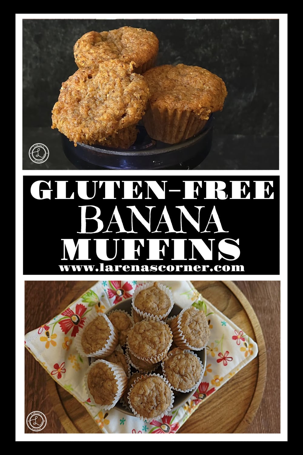 Gluten-Free Banana Muffins Recipe Gluten-Free Banana Muffins. Top: three mini muffins on a cupcake stand. Bottom: A bowl full of mini muffins inside a colorful bowl cozy.