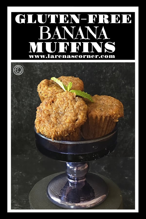 Gluten-Free Banana Muffins Recipe Gluten-Free Banana Muffins. Three mini muffins on a cupcake stand with sprig of mint.