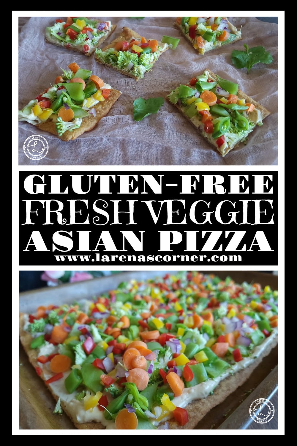 Gluten-Free Asian Veggie Pizza Recipe Gluten-Free Asian Veggie Pizza. Top: Slices shown. Botom The whole pizza before being cut.