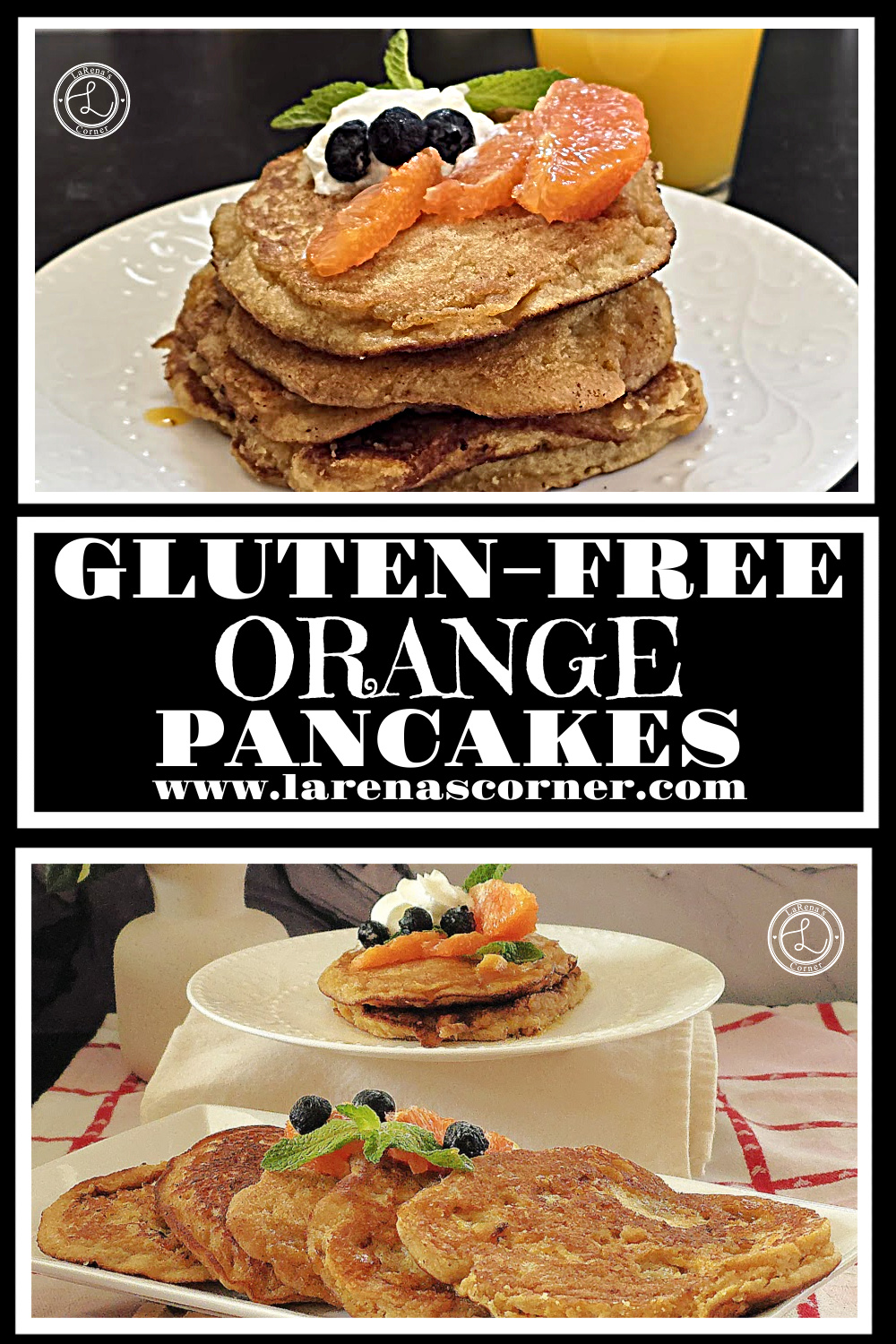 Gluten-Free Orange Pancakes Recipe Gluten-Free Orange Pancakes. Top: A close up of a stack or pancakes topped with orange segments, blueberries, whipped cream, and sprig of mint. Bottom: A plate of pancakes behind a platter of them.