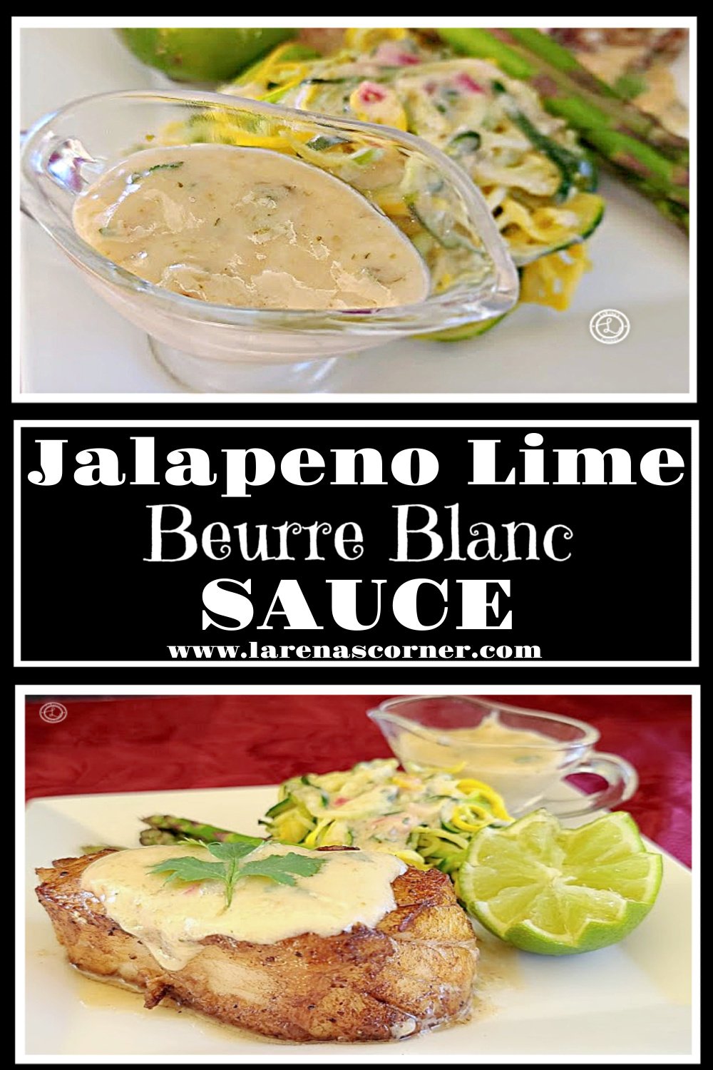 Jalapeno Chilean Sea Bass Recipe Jalapeno Lime Beurre Blanc Sauce. Top: A container of sauce with zoodles and fish behind it. Bottom: A plate of sea bass, zoodles, asparagus, and a small container of sauce behind it. The fish has some sauce on it with a leaf of cilantro.