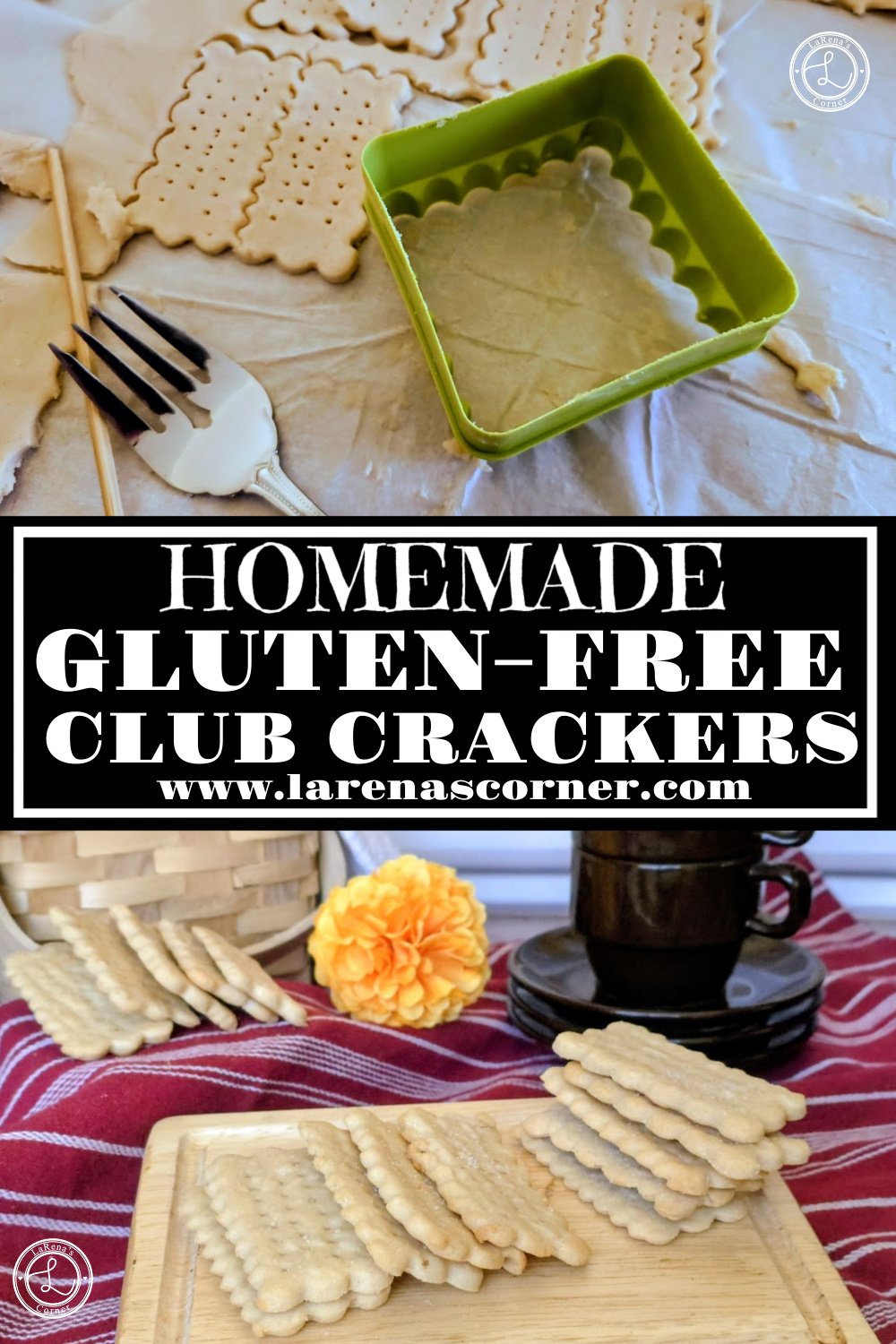 Gluten-Free Club Crackers Recipe Gluten-Free Club Crackers. Top: Cutting crackers and docking them. Bottom Stacks of crackers with esperesso cups and saucers in the background.