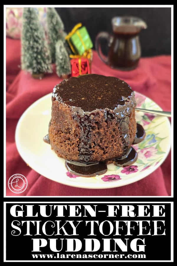 Gluten-Free Sticky Toffee Pudding Recipe Gluten-Free Sticky Toffee Pudding. A pudding with sticky toffee sauce on top. In front of two small pine trees, a gift, and a small pitcher of toffee sauce.