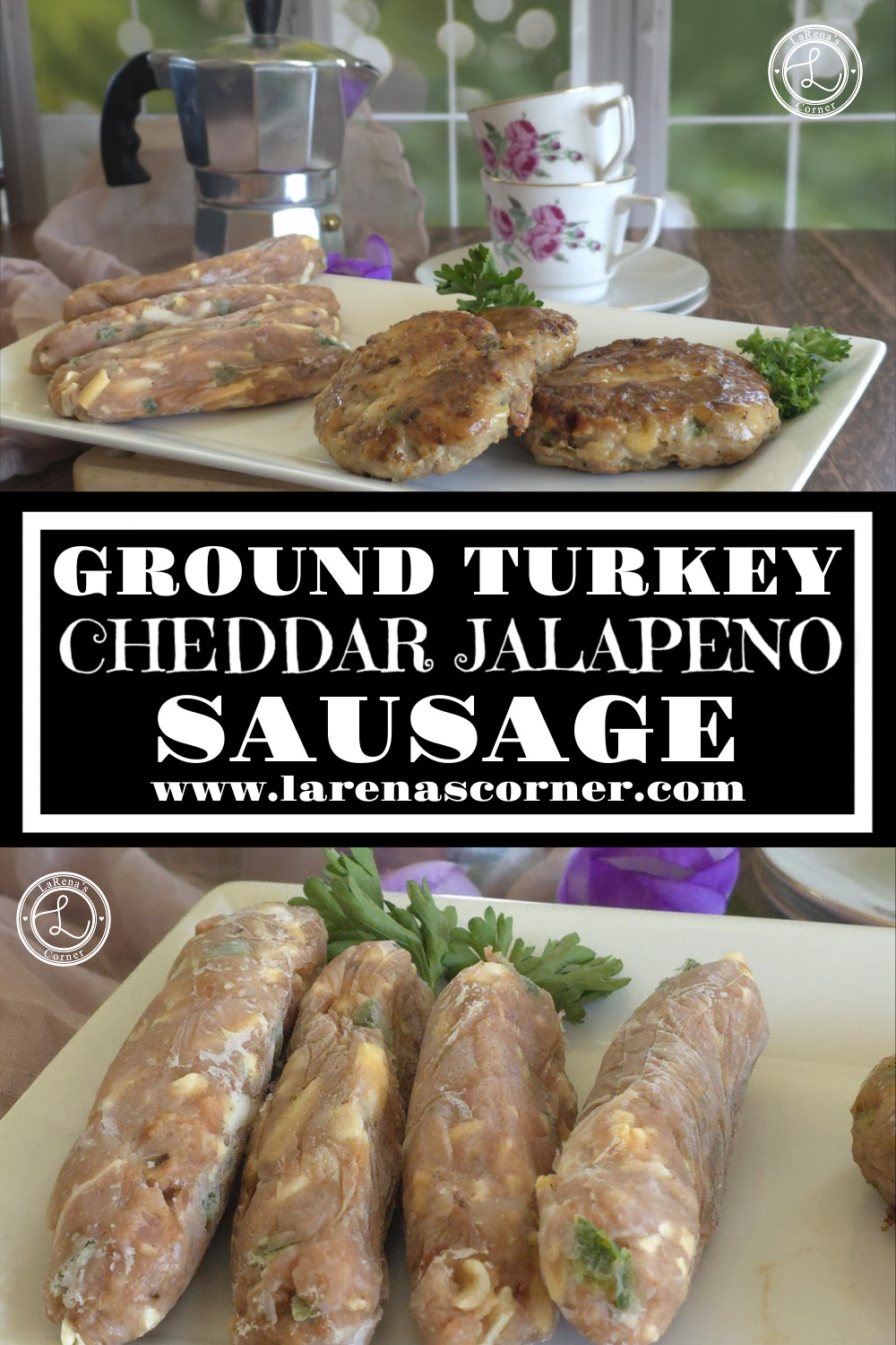 Ground Turkey Cheddar Jalapeno Sausage Recipe Ground Turkey Cheddar Jalapeno Sausage. Top: A platter of sausages (uncooked links and patties. Bottom: a platter of uncooked links.