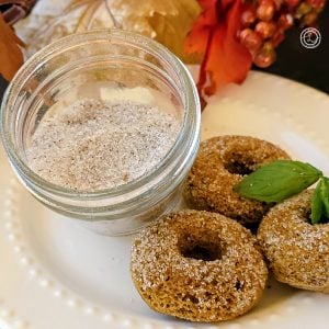 Cardamom Monk Fruit Sweetener a square picture. A small jar of sweetener on the right with three pumpkin donuts dipped in it. With leaves and berries in the background.